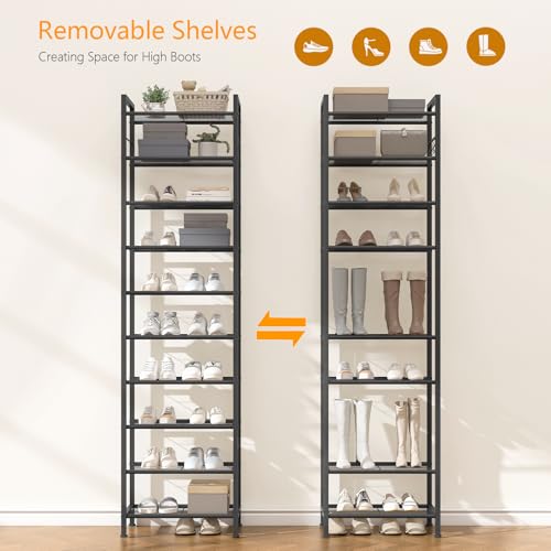 usikey 10 Tiers Narrow Shoe Rack 20-30 Pairs, Sturdy Metal Tall Shoe Rack Shelf with 4 Hooks, Slim Shoe Storage with Metal Shelf, Space Saving Vertical Shoe Organizer for Closet Entryway, Black - color: 10 Tier ( 17.9 X 11 X 69.2 Inches)-black