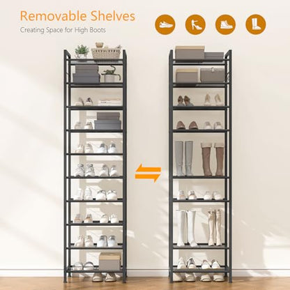 usikey 10 Tiers Narrow Shoe Rack 20-30 Pairs, Sturdy Metal Tall Shoe Rack Shelf with 4 Hooks, Slim Shoe Storage with Metal Shelf, Space Saving Vertical Shoe Organizer for Closet Entryway, Black - color: 10 Tier ( 17.9 X 11 X 69.2 Inches)-black