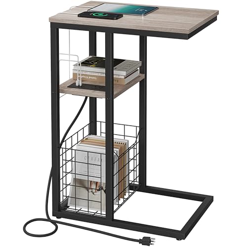 C Shaped End Table with Charging Station, Side Table for Couch, Small Side End Table for Small Spaces, 28" High Slide Under Sofa Table for Coffee, Tv Tray Table for Living Room, Greige - color: Greige