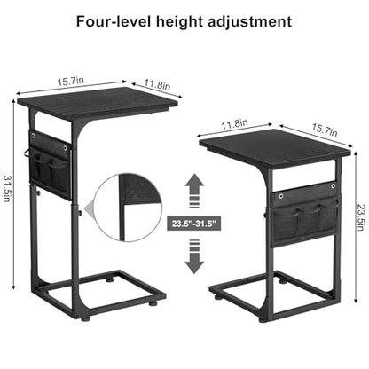Fixwal C Shaped End Table Adjustable Height Side Table for Couch, TV Tray with Storage Bag Slide Under Sofa Small Tables for Living Room, Bedroom & Office, Black - color: Black, style: Long Board