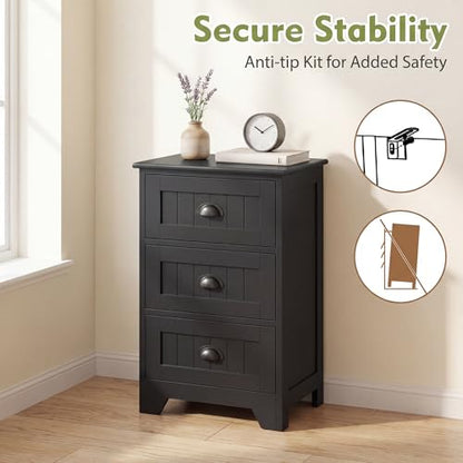 Giantex Nightstand with 3 Drawers, Bedside Table with Exquisite Metal Handles, Accent Table Sofa Side Table with Anti-toppling Device for Bedroom, Study, Black - color: Black