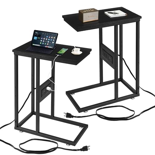 VECELO C-Shaped End Side Table Set of 2, with Charging Station & Two USB Ports and Outlets for Living Room, Bedroom, with Adjustable Feet for Couch/Sofa, Bedside, Small Spaces， Black - color: Black, size: 2