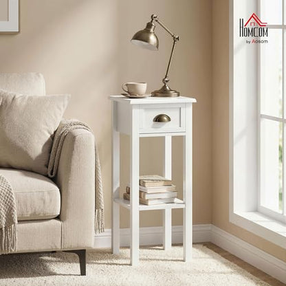 HOMCOM Narrow End Table with Drawer Slim Side Table for Small Spaces White | Tall Telephone Table, Skinny Modern Design, for Small Spaces, Living Room - color: White