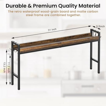 31 Inch Over the Stove Spice Rack, Adjustable 3-Tier Stove Top Shelf Equipped with 6 Utility Hooks to Organize Spices & Kitchen Gadgets (Browm) - color: Brown