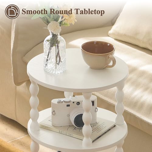 AWASEN Small Round Side Table, White End Table with 3-Tier Open Shelf for Small Spaces, Round Bedside Table Nightstand for Bedroom, Living Room, Office, White - color: White