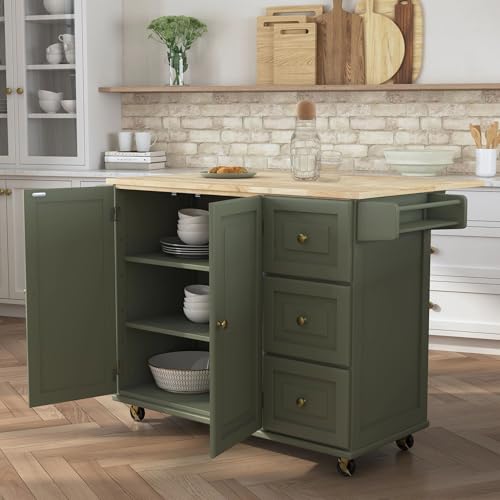 Homestyles Mobile Kitchen Island Cart with Wood Top and Dropleaf Breakfast Bar, 18" D x 53.5" W x 36" H, Green - color: Green