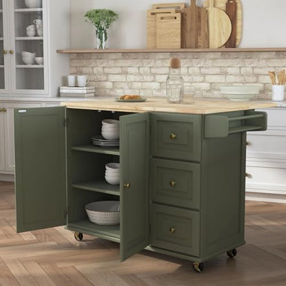 Homestyles Mobile Kitchen Island Cart with Wood Top and Dropleaf Breakfast Bar, 18" D x 53.5" W x 36" H, Green - color: Green