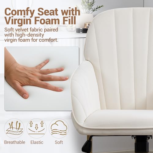 Velvet Make Up Vanity Chair with Wheels and Gold Base 330 Lbs - Beige | Home office Chair, Study Chair, Teacher Chair, Cute Chair, Height Adjustable Swivel Desk Chair, for Living Room Study Room - color: Beige