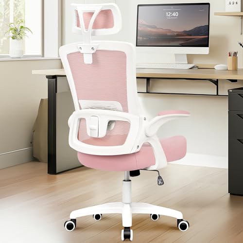 NEO CHAIR Ergonomic Office Desk Chair High Back Computer Gaming Mesh Chair with Comfy Task Adjustable Arms Lumbar Support Headrest Swivel for Home Office (Pink) - color: Pink