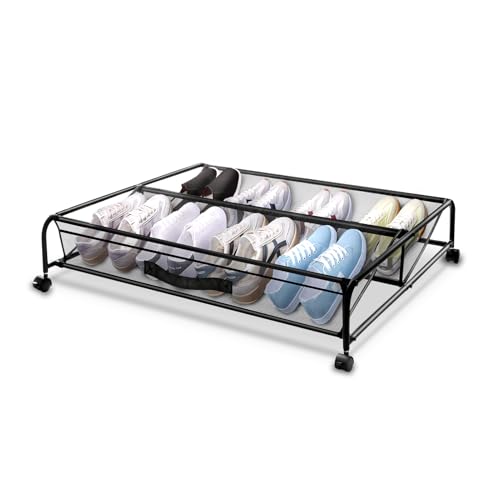 Under Bed Shoe Storage with Wheels, Space Saving Shoe Organizer with Sturdy Metal Frame & Breathable Mesh, Suitable Under The Bed, Sofa and Desk, 1 Pack
