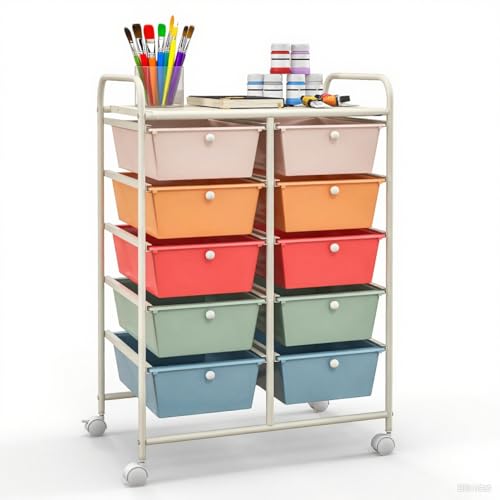 GLACER 10 Drawer Rolling Cart, Storage Cart with Lockable Whieels & Metal Frame, Trolley for Art Craft Oganizer, Mobile Utility Cart for Office, School, Classroom, Kitchen (Multicolor) - color: Multicolor, size: 10 Drawers (Big)