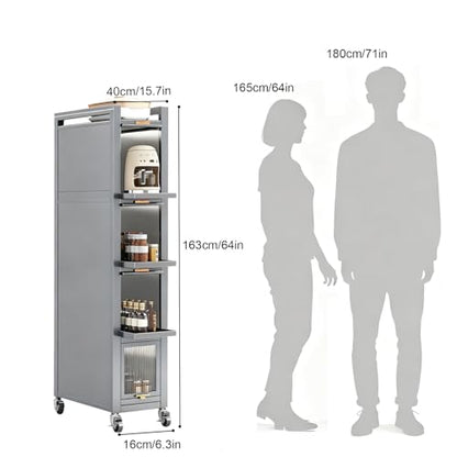 Rolling Spice Rack Next to Fridge Slim, Freestanding Narrow Tall Sideboard Shelf, with Transparent Flap Door Design, Pull Out Cabinet Organizer for Small Space Kitchen Space Saving (Grey, 5T-16cm) - size: 5T-16cm