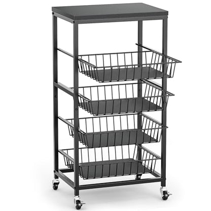 Snack Cart, 5-Tier Kitchen Carts on Wheels with Storage,Fruit Basket Stand with Pull-Out Baskets and Wood Top,Kitchen Organizer for Fruit Vegetable Snack (Black) - color: Black