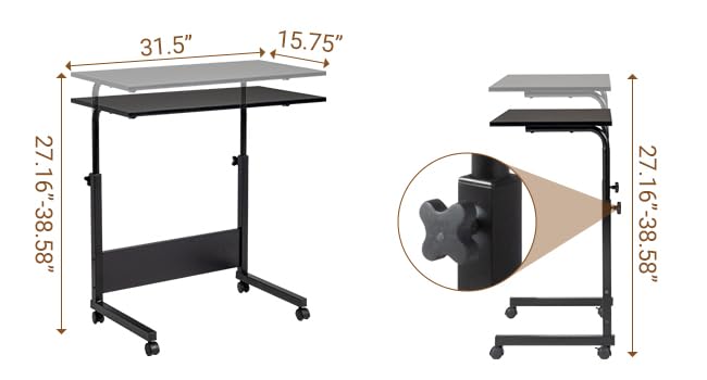 Karl home Mobile Side Table 31.5 inch Computer Desk with Wheels Height Adjustable Rolling Potable Laptop Cart, C-Shaped Bed Couch Sofa End Tables with Edge Stopper for Livingroom Bedroom, Black - color: Black, size: 31.5"+No Power Sockets