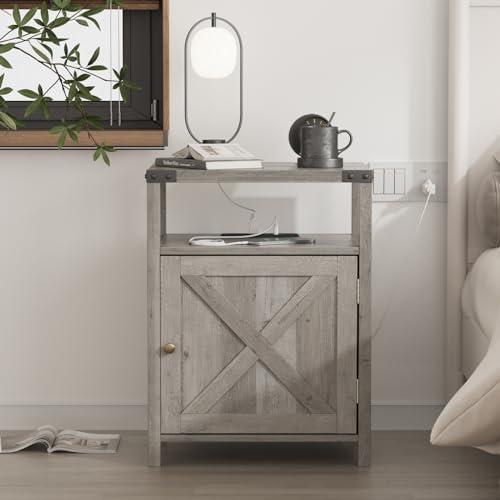 Fameill Nightstands Set of 2, Night Stand with Charging Station, Bed Side Table with Storage Cabinet, Farmhouse End Table for Living Room with USB Ports and Outlets, Gray