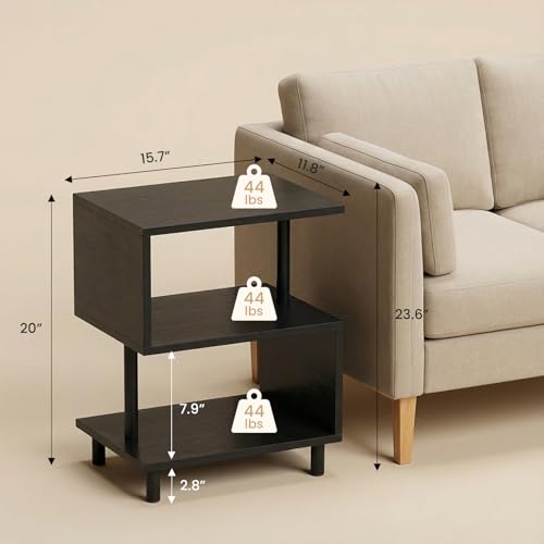Apicizon S-Shaped Side Table, 3-Tier Nightstand with Solid Wood Legs, Slim Bedside Table with Storage Shelf, Modern End Table for Small Spaces, Bedroom, Living Room, Entryway, Black - color: Black