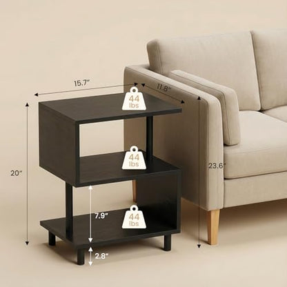 Apicizon S-Shaped Side Table, 3-Tier Nightstand with Solid Wood Legs, Slim Bedside Table with Storage Shelf, Modern End Table for Small Spaces, Bedroom, Living Room, Entryway, Black - color: Black