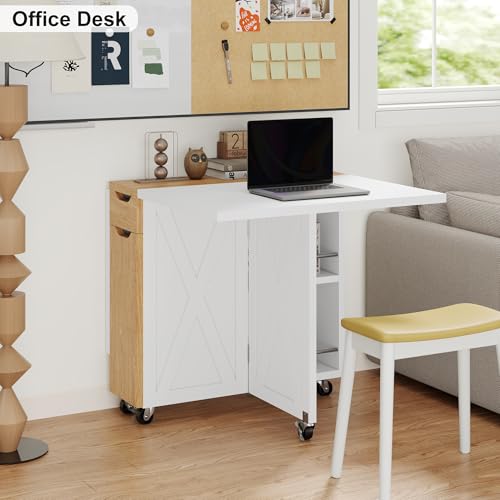 Folding Dining Table with 6 Wheels, Drop Leaf Tables for Small Spaces, Foldable Dining Table with 2-Layer Storage Rack, Kitchen Table with Drawer (White and Oak) - color: White