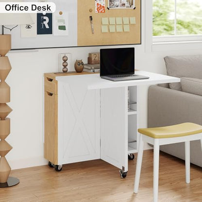 Folding Dining Table with 6 Wheels, Drop Leaf Tables for Small Spaces, Foldable Dining Table with 2-Layer Storage Rack, Kitchen Table with Drawer (White and Oak) - color: White