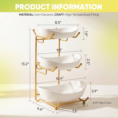 GIRAVO 3 Tier Ceramic Fruit Bowl with Metal Stand, Tiered Countertop Fruit Basket, Serving Tray Stand for Kitchen Counter, Fruit & Vegetable Storage, White Bowls with Gold Rack