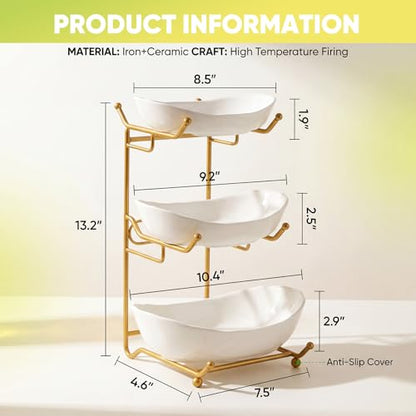 GIRAVO 3 Tier Ceramic Fruit Bowl with Metal Stand, Tiered Countertop Fruit Basket, Serving Tray Stand for Kitchen Counter, Fruit & Vegetable Storage, White Bowls with Gold Rack