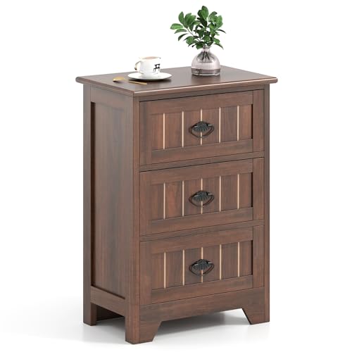Giantex Nightstand with 3 Drawers, Bedside Table with Exquisite Metal Handles, Accent Table Sofa Side Table with Anti-toppling Device for Bedroom, Study, Walnut - color: Walnut