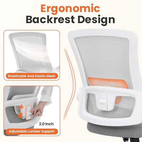 NEO CHAIR Office Desk Gaming Chair Computer High Back Mesh Seat with Rolling Wheels Ergonomic Adjustable Comfy Flip-up Armrests Lumbar Support Height for Home (Grey White Frame) - color: Grey