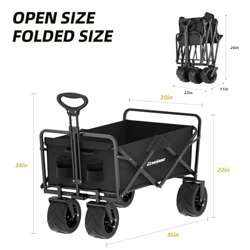 EchoSmile Heavy Duty 350 Lbs Capacity Collapsible Wagon, Outdoor Folding Camping Grocery Portable Utility Cart, Adjustable Rolling Carts, All Terrain Beach Wagon with Big Wheels (Black-Arrow) - color: Black-arrow