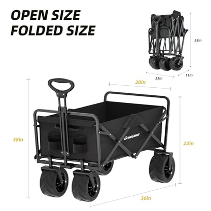EchoSmile Heavy Duty 350 Lbs Capacity Collapsible Wagon, Outdoor Folding Camping Grocery Portable Utility Cart, Adjustable Rolling Carts, All Terrain Beach Wagon with Big Wheels (Black-Arrow) - color: Black-arrow
