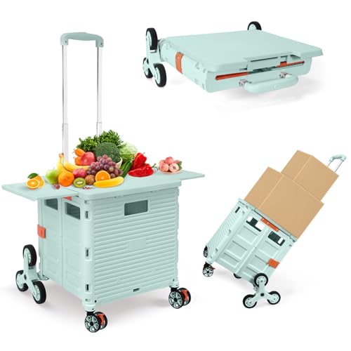 Foldable Utility Cart with Stair Climbing Wheels,Collapsible Rolling Crate with Magnetic Lid Telescopic Cover,Telescoping Handle,360° Rotate Wheel Hand Cart for Teacher Shopping Moving Grocery(Green) - color: Green, size: Magnetic Extended Lid &Climber Wh
