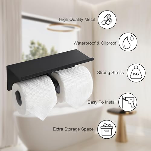 Black Toilet Paper Roll Holder with Shelf Wall Mounted for Bathroom (Black, Double Head) - color: Matte Black