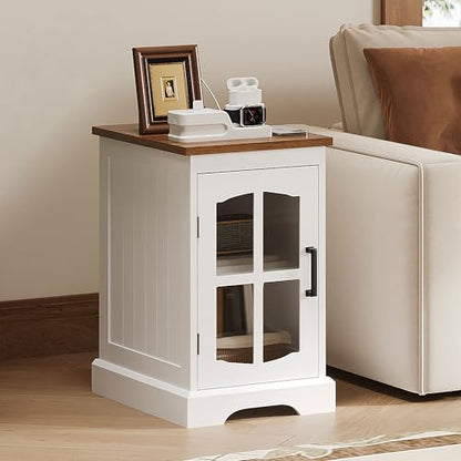 ChooChoo Farmhouse End Table Set of 2 with Charging Station, Nightstand with Adjustable Shelf and Glass Door, White Side Table for Living Room, Bedroom - color: White