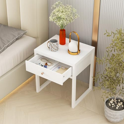Modern Minimalist White Nightstand with Drawer - Compact Bedside Table for Small Spaces, Easy Assembly, Sturdy MDF Wood, Smooth Painted Finish - Perfect for Bedroom or Apartment