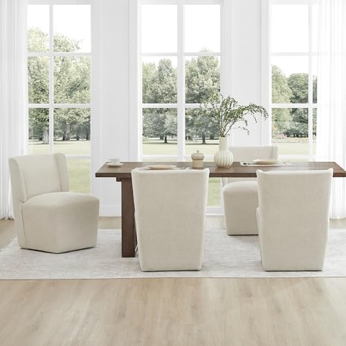 KISLOT Upholstered Dining Chairs Set of 2 with Casters, Wingback Modern Side Armless Deskchair with Rollers for Diningroom Bedroom Livingroom Reading Room, Cream Beige Fabric - color: A Cream Beige Fabric, size: Set of 2