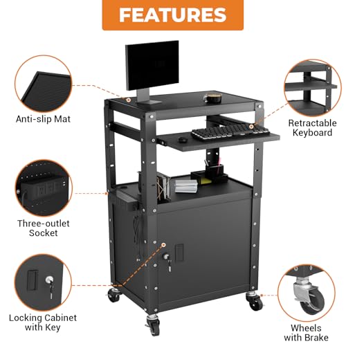 Mobile AV Cart with Cabinet, Rolling Computer Cart Height Adjustable Rolling Media Utility Cart with Extra Storage Space, 4 Outlets, Pullout Keyboard Tray Perfect for Home or Office Use - size: Style4 24x18Wx42H