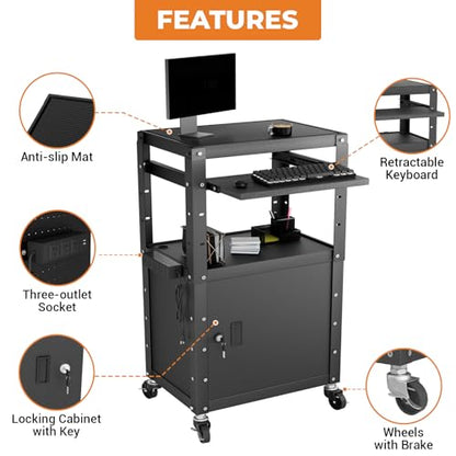 Mobile AV Cart with Cabinet, Rolling Computer Cart Height Adjustable Rolling Media Utility Cart with Extra Storage Space, 4 Outlets, Pullout Keyboard Tray Perfect for Home or Office Use - size: Style4 24x18Wx42H