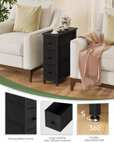 CHOEZON Narrow Side Table with 3 Fabric Drawers, Industrial Slim Bedside Table for Small Spaces, Bedroom, Living Room, Dormitory, Black TBZ09BB - color: Black