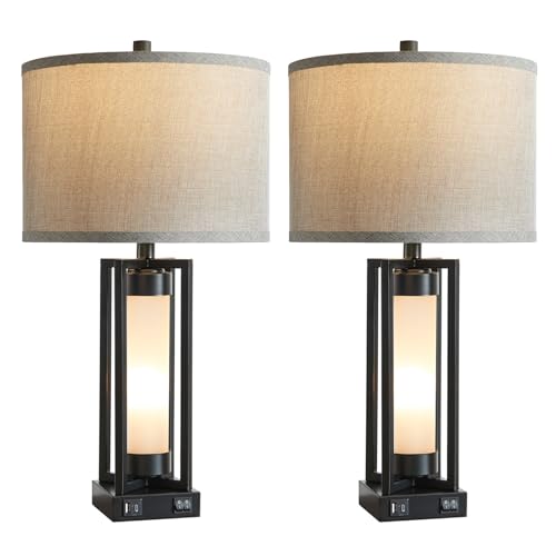 Set of 2 Modern Table Lamps for Living Room with USB C+A Ports | Rustic Nightstand Lamp with White Night Light, Retro Desk Lamp for Bedroom End Table Entryway, 4 Bulb Included (Black) - color: Black