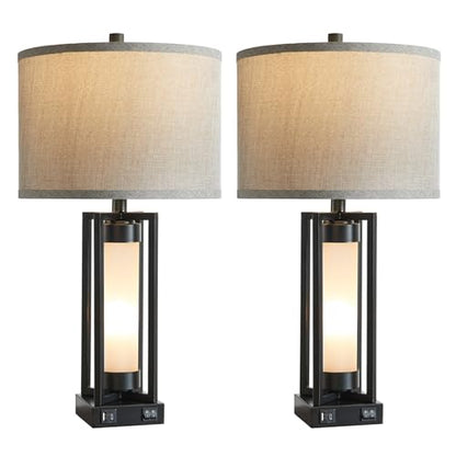 Set of 2 Modern Table Lamps for Living Room with USB C+A Ports | Rustic Nightstand Lamp with White Night Light, Retro Desk Lamp for Bedroom End Table Entryway, 4 Bulb Included (Black) - color: Black