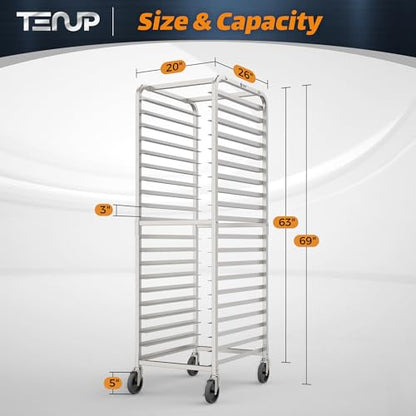 TenUp 20-Tier NSF Aluminum Sheet Pan Rack, Commercial Bakery Cooling & Storage Cart with Wheels, Heavy-Duty Bun Rack – 26" L x 20" W x 69" H - size: Full Size 20-Tier