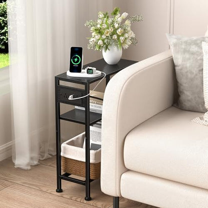 Small Narrow Side Table with Charging Station, Skinny End Table for Small Spaces, Slim Nightstand with Outlets, Sofa Bedside Table in Living Room, Bedroom, Study, Kitchen and Balcony(Black) - color: Black