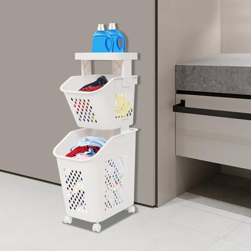 2 Tier Laundry Basket Holder, Utility Laundry Basket with Wheels Clothes Storage Organizer Cart Removable Rolling Laundry Hampers for Bathrooms Bedrooms Kitchen (2-Tier) - size: 2-Tier