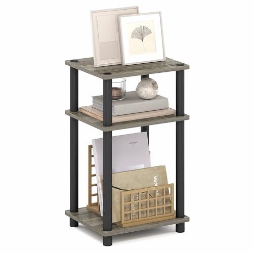 Furinno Turn-N-Tube 3-Tier Toolless Side Table, Narrow Printer Stand with Open Shelf, End Table, Night Stand, for Living Room, Bedroom, Grey Oak - color: Grey Oak/Black