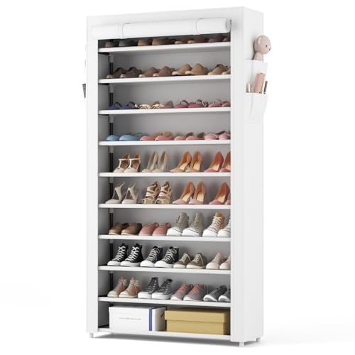 ROJASOP Shoe Rack with Covers 10 Tier Large Shoe Organizer Tall Shoe Closet Storage for 50-55 Pairs Shoe and Boot, Free Standing Shoe Rack Organizer for Closet, Entryway, Bedroom, White - color: White, size: 33.8"W - 10 Tier