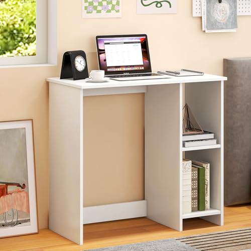 31.5" Computer Desk with Storage, White Modern Wooden Office Desk for Small Spaces, 2-Tier Shelves Writing Workstation for Home, Bedroom, Study – Compact Gaming & Vanity Table