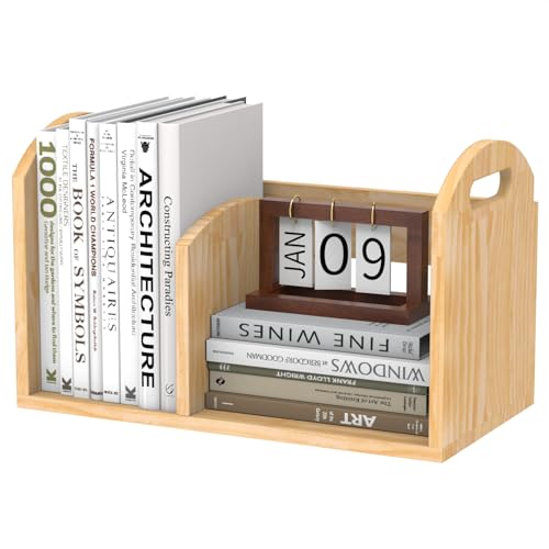 100% Solid Wood Adjustable Desktop Bookshelf, Retro Tabletop Book Shelf File Holder, Vertical Bookshelf Divider Desk Shelf for Home School Office Organization, Perfect for Books, Cookbooks, Magazine - color: Natural Beige