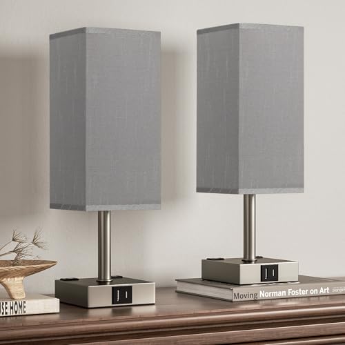 Grey Touch Lamps Set of 2 for Bedroom - Dimmable, USB C+A, 2 AC Outlets | 3-Way Dimming, 3000K LED Bulbs Included, Square Grey Lampshade Grey Base, Small Bedside Lamp for Nightstand, Desk - color: Grey-Grey