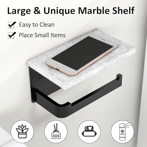 Gypie Toilet Paper Holder with Shelf, Extended Base Wall Mounted, Marble Toilet Roll Holder Black for Bathroom Washroom - color: Black, size: Marble