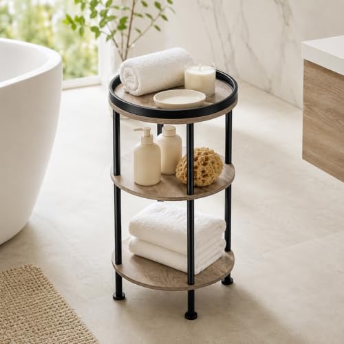 Small Round Side Table, Oak Round End Table for Living Room & Bedroom, Modern 3-Tier Nightstand with Storage Shelf, 11.8" Narrow Accent Table for Small Spaces, Nursery, Plant Stand,Natural Wood Finish - color: Oak, style: Classic