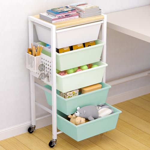 Rolling Cart with Drawers, Rolling Storage Cart with Large Plastic Drawers & Wooden Tabletop, Utility Cart with Pegboards & Basket, Storage Drawers Cart for Living Room, Classroom, Bedroom, Office - color: Green, size: 5 Drawers